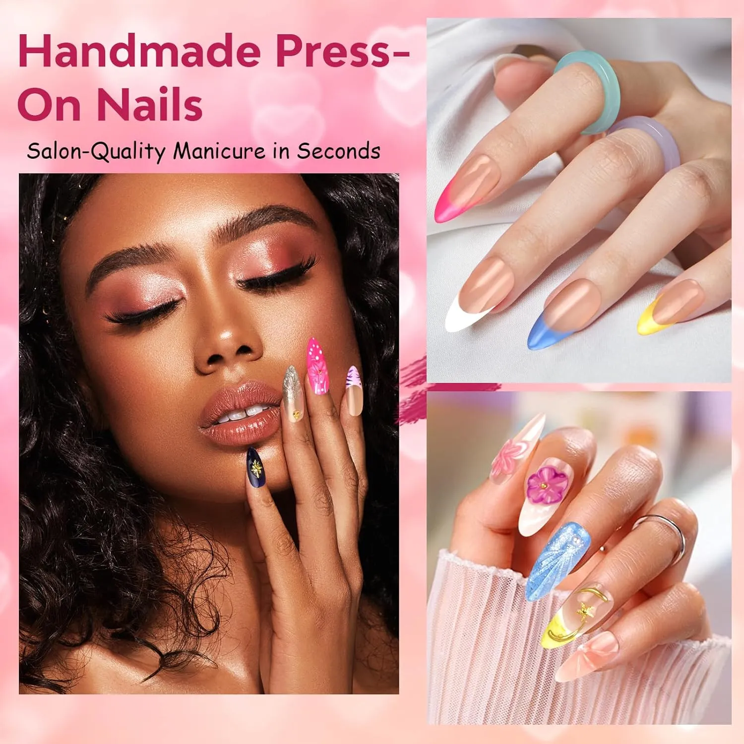 Handmade Press on False Nails Medium Almond Fake Nails French Tips Floral Carved, Muti-Layer Gel Acrylic Nails for Women Nail Art (Sheer Floral Glow, Medium)