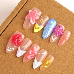 Handmade Press on False Nails Medium Almond Fake Nails French Tips Floral Carved, Muti-Layer Gel Acrylic Nails for Women Nail Art (Sheer Floral Glow, Medium)