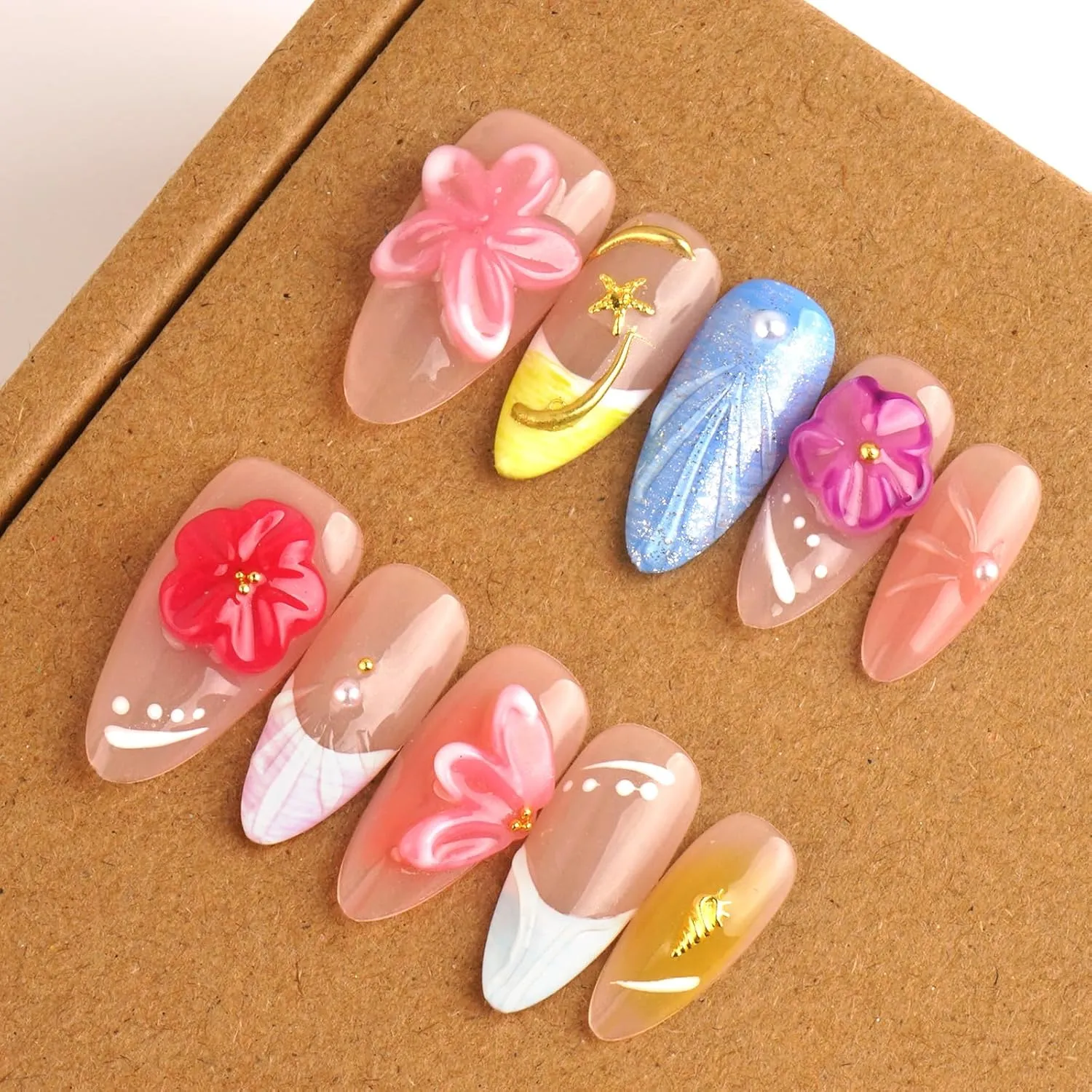Handmade Press on False Nails Medium Almond Fake Nails French Tips Floral Carved, Muti-Layer Gel Acrylic Nails for Women Nail Art (Sheer Floral Glow, Medium)