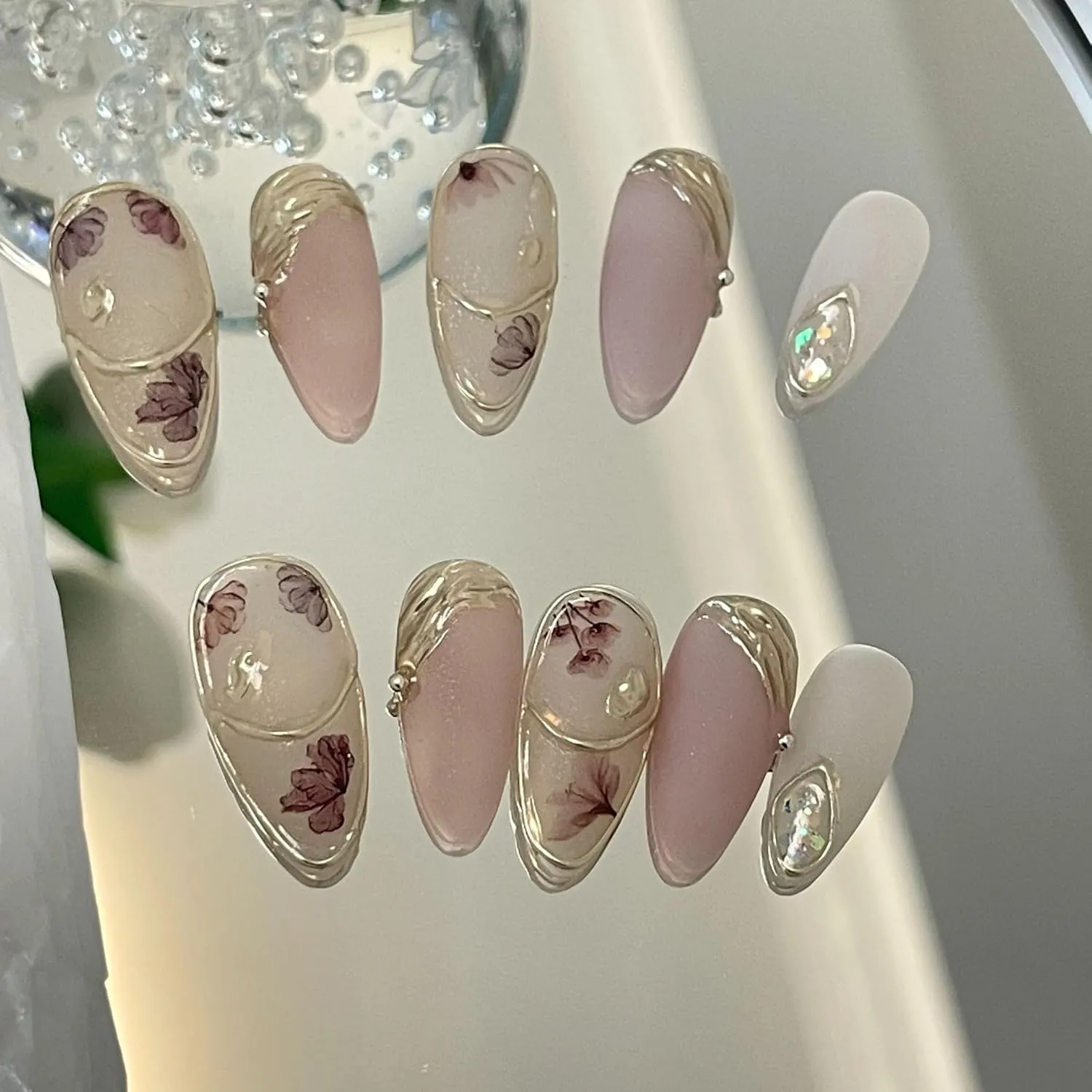 Handmade Press On Nails Almond Pink Matte Design By Nail Technician, Handmade Painted Nail Art, Reusable Stick On Nails in S,M,L 3Sizes (Large)