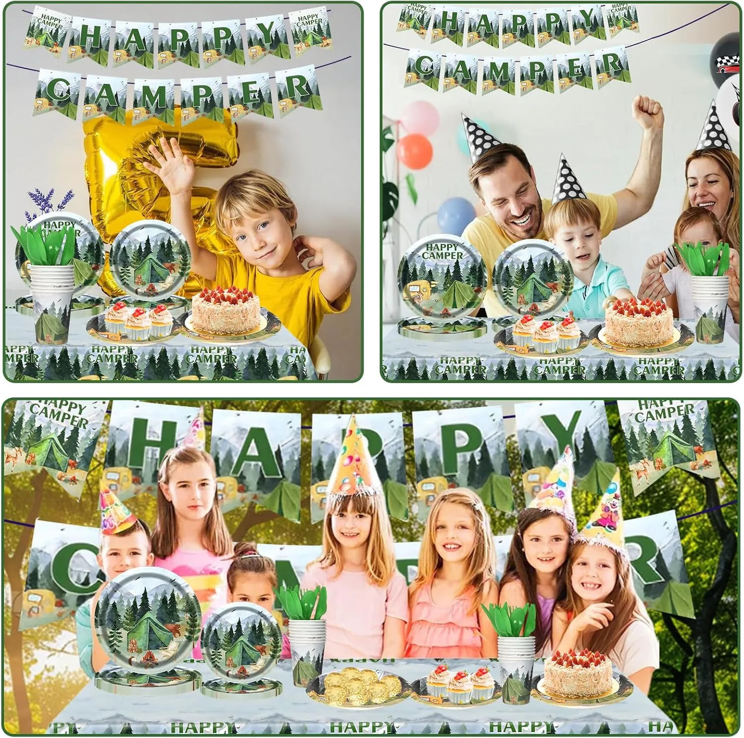 Happy Camper Party Supplies, Cute Forest Camping Tableware for Kid, Party Decoration Supplies with Banner, Tablecloth, Plate, Paper Cup, Napkin, Fork, Knife, Spoon