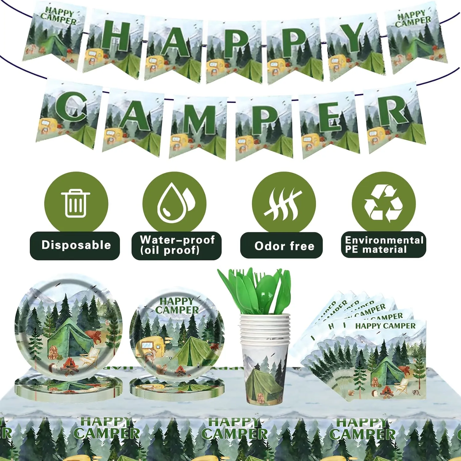 Happy Camper Party Supplies, Cute Forest Camping Tableware for Kid, Party Decoration Supplies with Banner, Tablecloth, Plate, Paper Cup, Napkin, Fork, Knife, Spoon