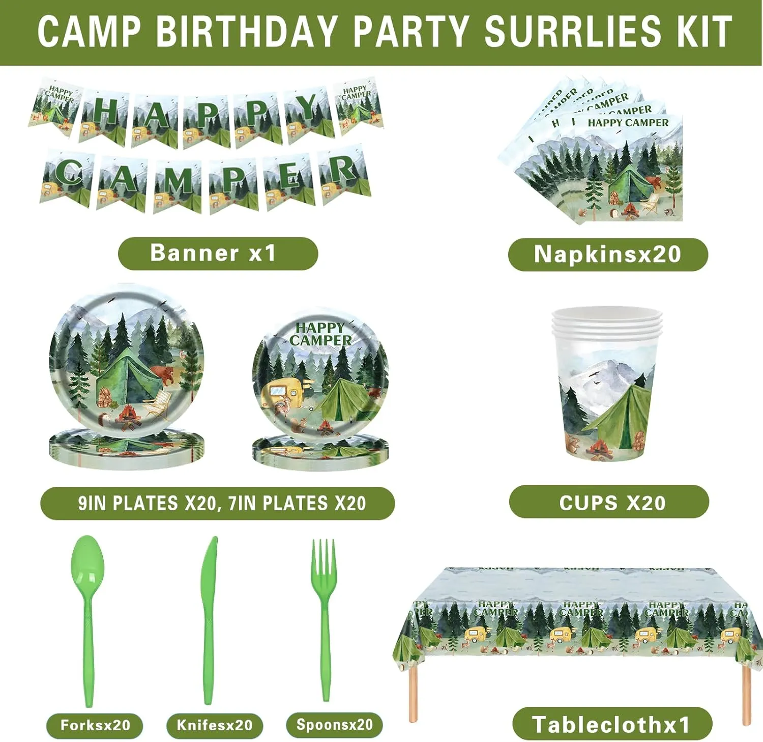 Happy Camper Party Supplies, Cute Forest Camping Tableware for Kid, Party Decoration Supplies with Banner, Tablecloth, Plate, Paper Cup, Napkin, Fork, Knife, Spoon