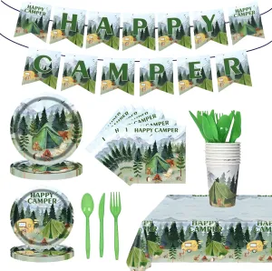 Happy Camper Party Supplies, Cute Forest Camping Tableware for Kid, Party Decoration Supplies with Banner, Tablecloth, Plate, Paper Cup, Napkin, Fork, Knife, Spoon