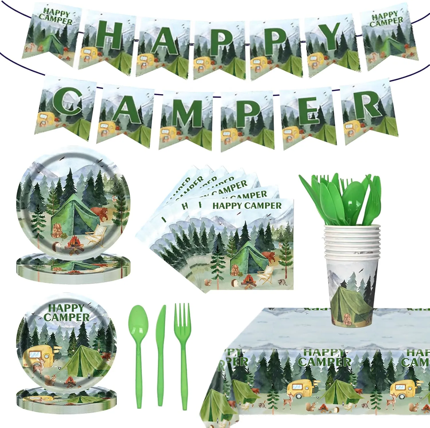 Happy Camper Party Supplies, Cute Forest Camping Tableware for Kid, Party Decoration Supplies with Banner, Tablecloth, Plate, Paper Cup, Napkin, Fork, Knife, Spoon