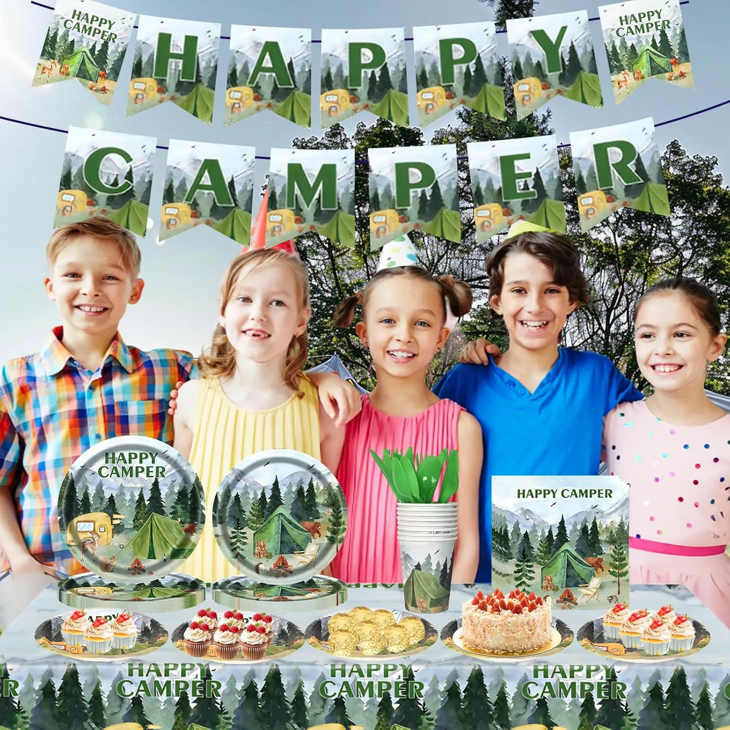Happy Camper Party Supplies, Cute Forest Camping Tableware for Kid, Party Decoration Supplies with Banner, Tablecloth, Plate, Paper Cup, Napkin, Fork, Knife, Spoon