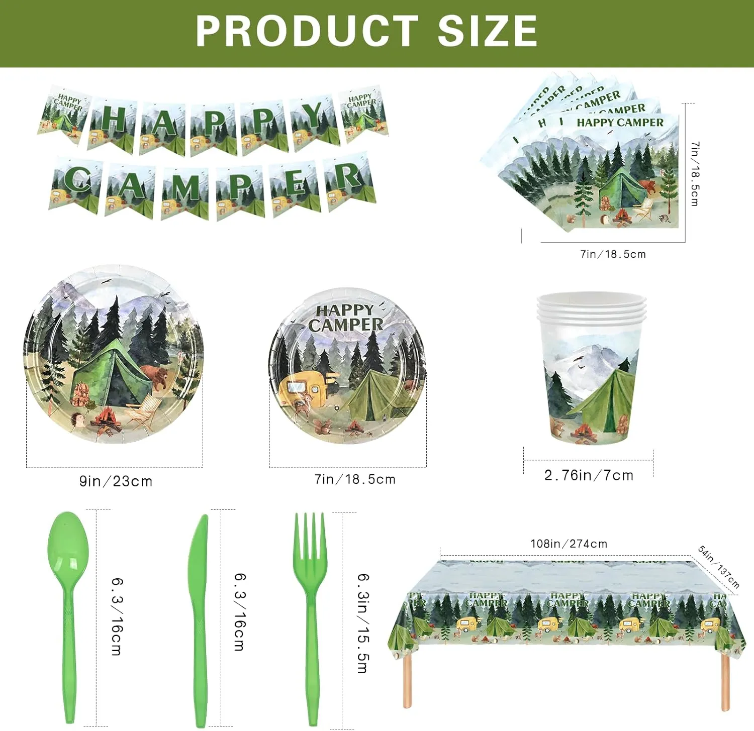 Happy Camper Party Supplies, Cute Forest Camping Tableware for Kid, Party Decoration Supplies with Banner, Tablecloth, Plate, Paper Cup, Napkin, Fork, Knife, Spoon