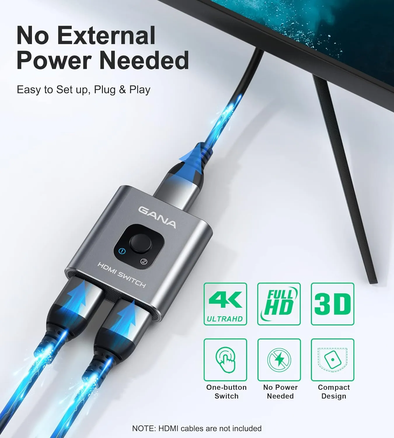 HDMI Switch 4k@60hz Splitter, GANA Aluminum Bidirectional HDMI Switcher 2 in 1 Out, Manual HDMI Hub Supports HD Compatible with Xbox PS5/4/3 Blu-Ray Player Fire Stick Roku
