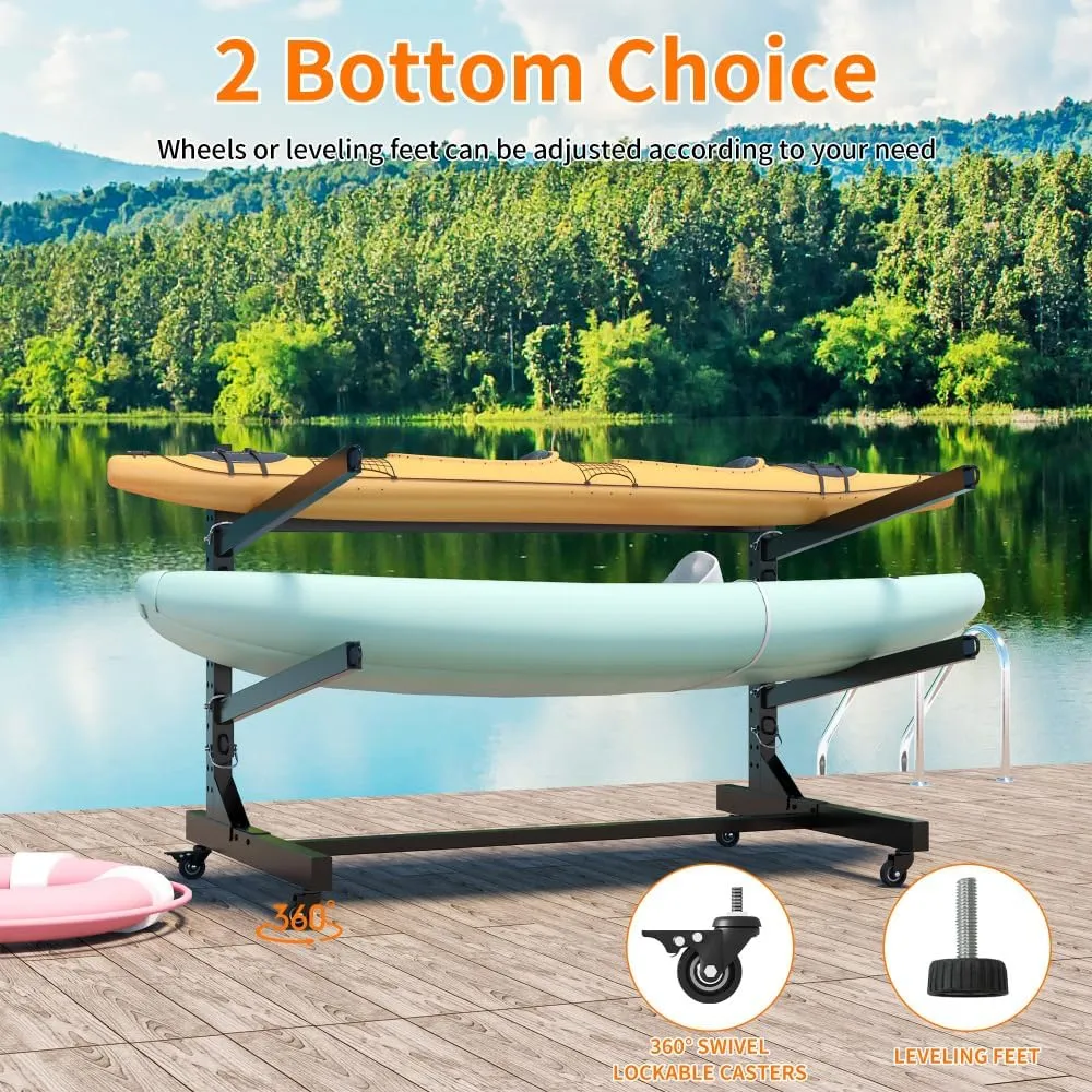 Heavy-Duty Kayak Storage Rack - Adjustable Kayak Stand with Lockable Wheels for Garage, Indoor & Outdoor Use, Holds Kayaks, Canoes, Surfboards & Paddle Boards