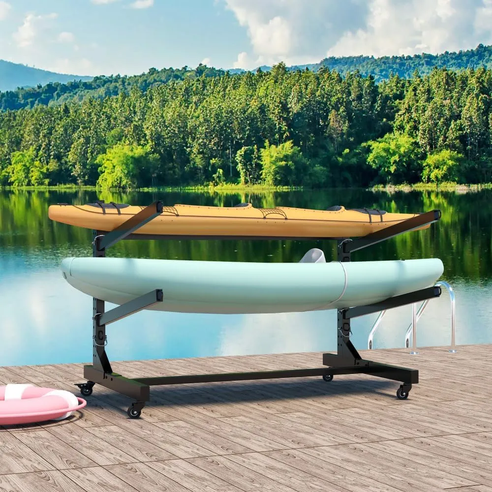 Heavy-Duty Kayak Storage Rack - Adjustable Kayak Stand with Lockable Wheels for Garage, Indoor & Outdoor Use, Holds Kayaks, Canoes, Surfboards & Paddle Boards