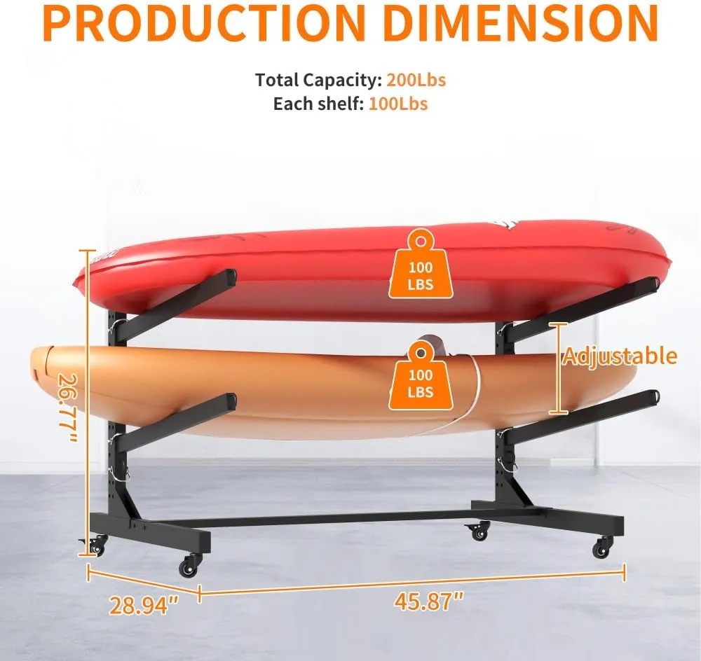 Heavy-Duty Kayak Storage Rack - Adjustable Kayak Stand with Lockable Wheels for Garage, Indoor & Outdoor Use, Holds Kayaks, Canoes, Surfboards & Paddle Boards