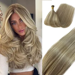 Highlight I Tip Hair Extensions Real Human Hair, Pr Ash Blonde Highlights with Platinum Blonde Keratin Itip Hair Extensions Human Hair Remy Stick Tip Extension