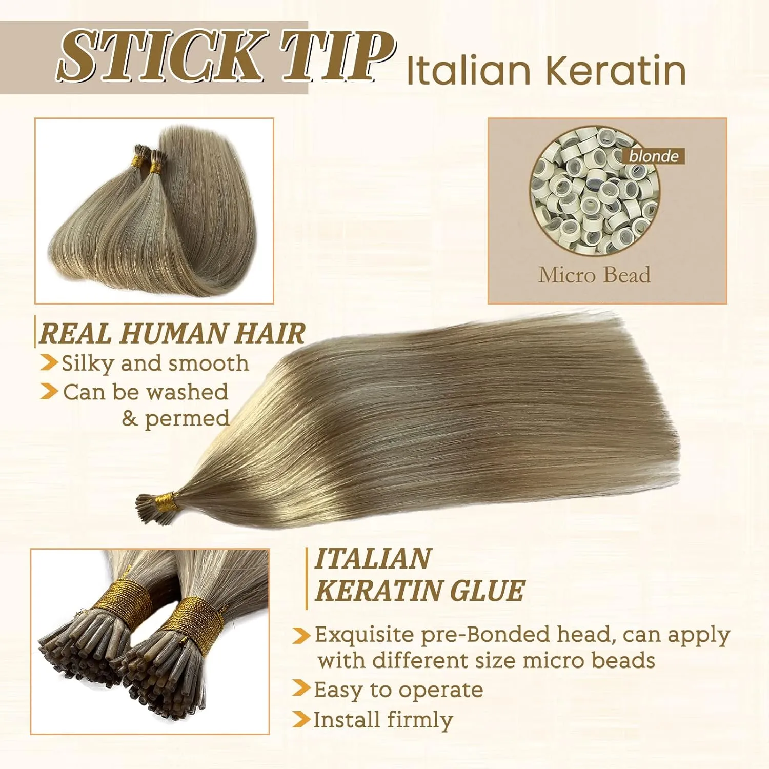 Highlight I Tip Hair Extensions Real Human Hair, Pr Ash Blonde Highlights with Platinum Blonde Keratin Itip Hair Extensions Human Hair Remy Stick Tip Extension