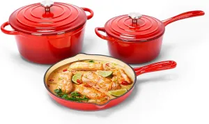 Hisencn Enameled Cast Iron Cookware Set - 5 Piece Set of Dutch Oven, Sauce Pan, Skillet, 2 Lids, Dutch Oven Set, Ceramic Coated Cast Iron, Heavy Duty, Gas/Induction Compatible, PFA Free, Rouge Red