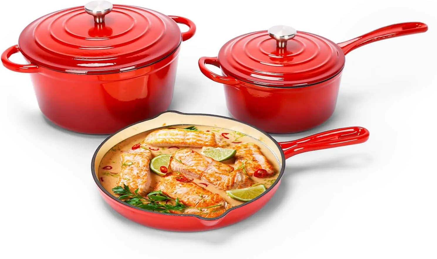 Hisencn Enameled Cast Iron Cookware Set - 5 Piece Set of Dutch Oven, Sauce Pan, Skillet, 2 Lids, Dutch Oven Set, Ceramic Coated Cast Iron, Heavy Duty, Gas/Induction Compatible, PFA Free, Rouge Red