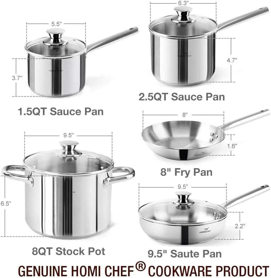 HOMI CHEF 14-Piece Nickel Free Stainless Steel Cookware Set - Nickel Free Stainless Steel Pots and Pans Set - Stainless Steel Non-Toxic Cookware Set - Stainless Steel Healthy Induction Cookware Sets