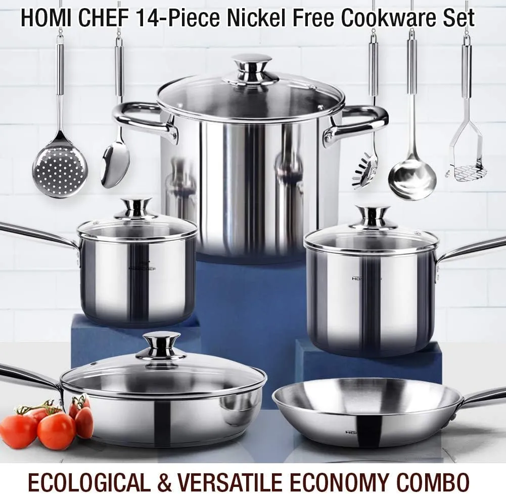HOMI CHEF 14-Piece Nickel Free Stainless Steel Cookware Set - Nickel Free Stainless Steel Pots and Pans Set - Stainless Steel Non-Toxic Cookware Set - Stainless Steel Healthy Induction Cookware Sets