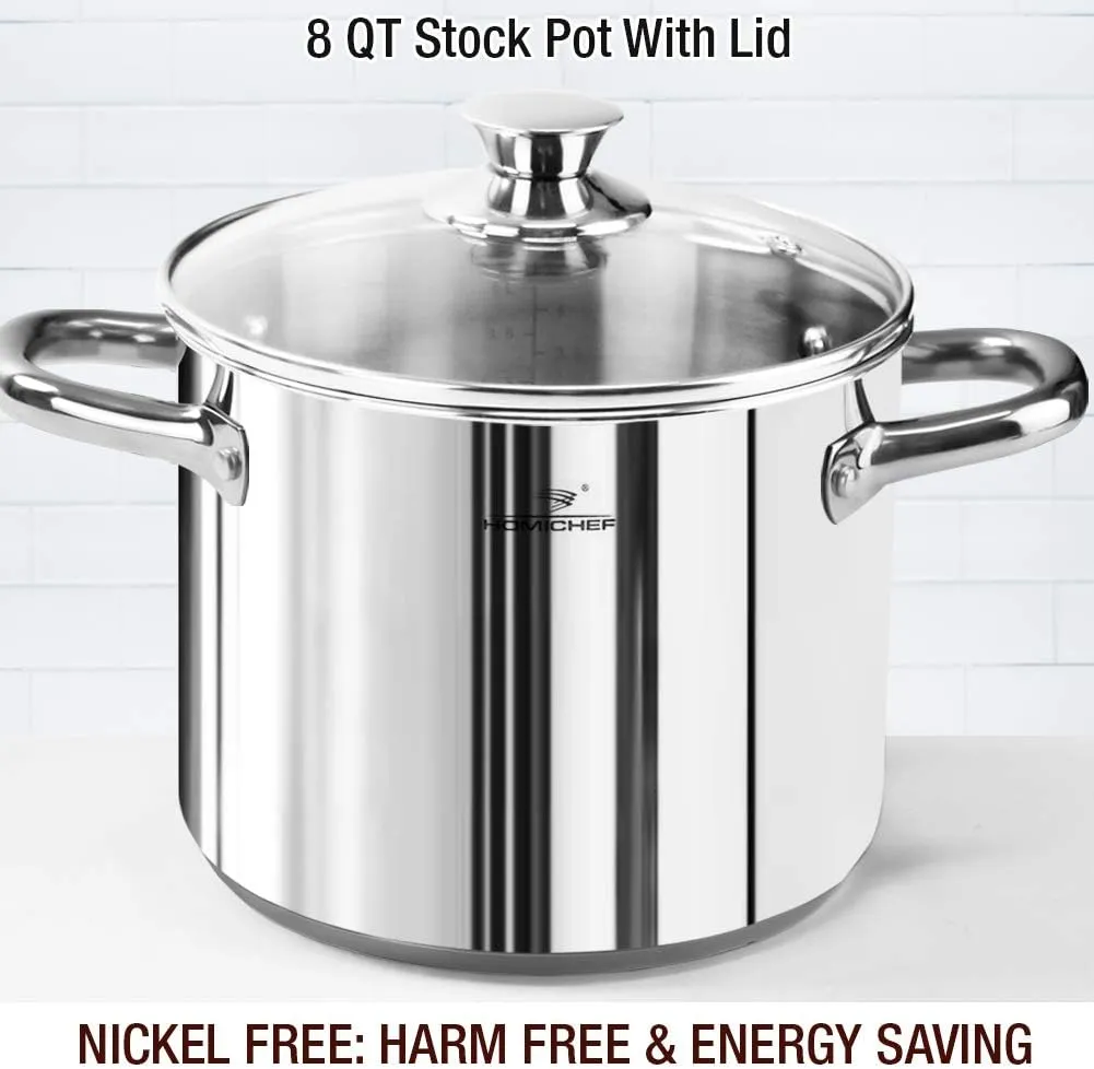 HOMI CHEF 14-Piece Nickel Free Stainless Steel Cookware Set - Nickel Free Stainless Steel Pots and Pans Set - Stainless Steel Non-Toxic Cookware Set - Stainless Steel Healthy Induction Cookware Sets