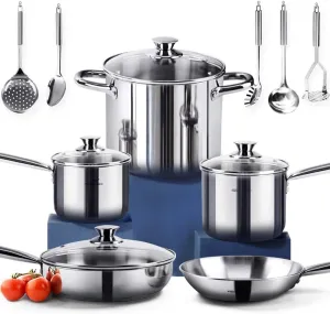 HOMI CHEF 14-Piece Nickel Free Stainless Steel Cookware Set - Nickel Free Stainless Steel Pots and Pans Set - Stainless Steel Non-Toxic Cookware Set - Stainless Steel Healthy Induction Cookware Sets