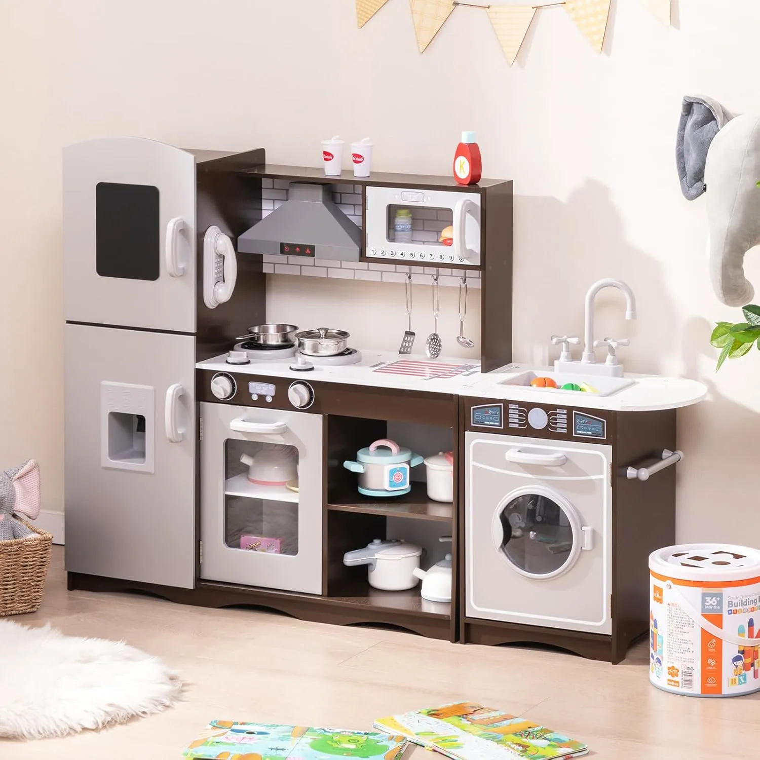 HONEY JOY Kids Kitchen Playset, 2-Piece Modular Wooden Play Kitchen for Toddlers & Washing Machine w/Sink, Lighted Range Hood, Blackboard, Ice Maker, Little Chef Pretend Corner Toy Kitchen Set, Coffee
