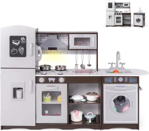 HONEY JOY Kids Kitchen Playset, 2-Piece Modular Wooden Play Kitchen for Toddlers & Washing Machine w/Sink, Lighted Range Hood, Blackboard, Ice Maker, Little Chef Pretend Corner Toy Kitchen Set, Coffee