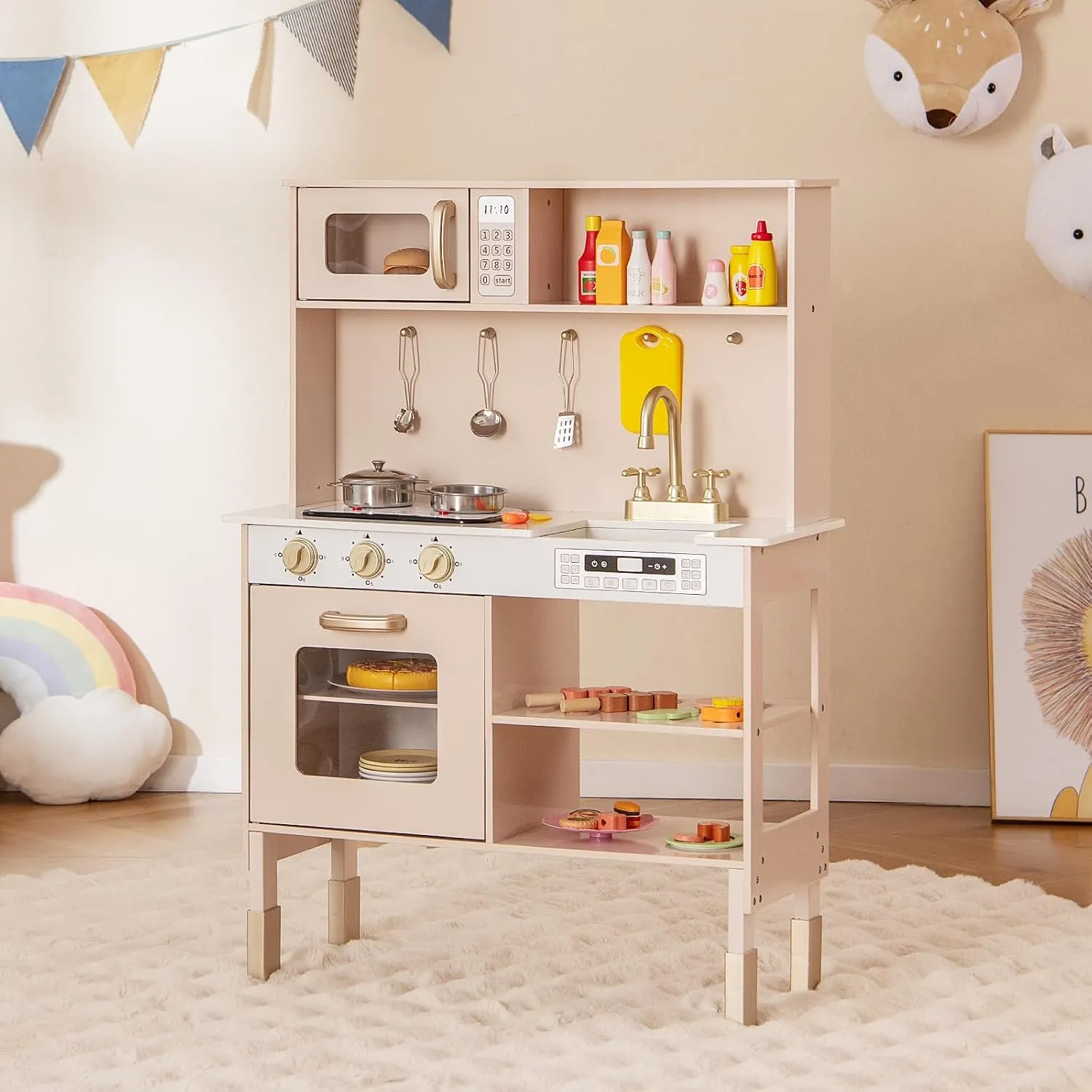 HONEY JOY Kids Kitchen Playset, Wooden Toy Kitchen Set, Microwave, Sink & Faucet, Cooking Accessories, Storage, Little Chef Pretend Play Kitchen for Toddlers, Gift for Boys Girls, Yellow