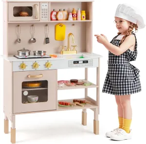 HONEY JOY Kids Kitchen Playset, Wooden Toy Kitchen Set, Microwave, Sink & Faucet, Cooking Accessories, Storage, Little Chef Pretend Play Kitchen for Toddlers, Gift for Boys Girls, Yellow