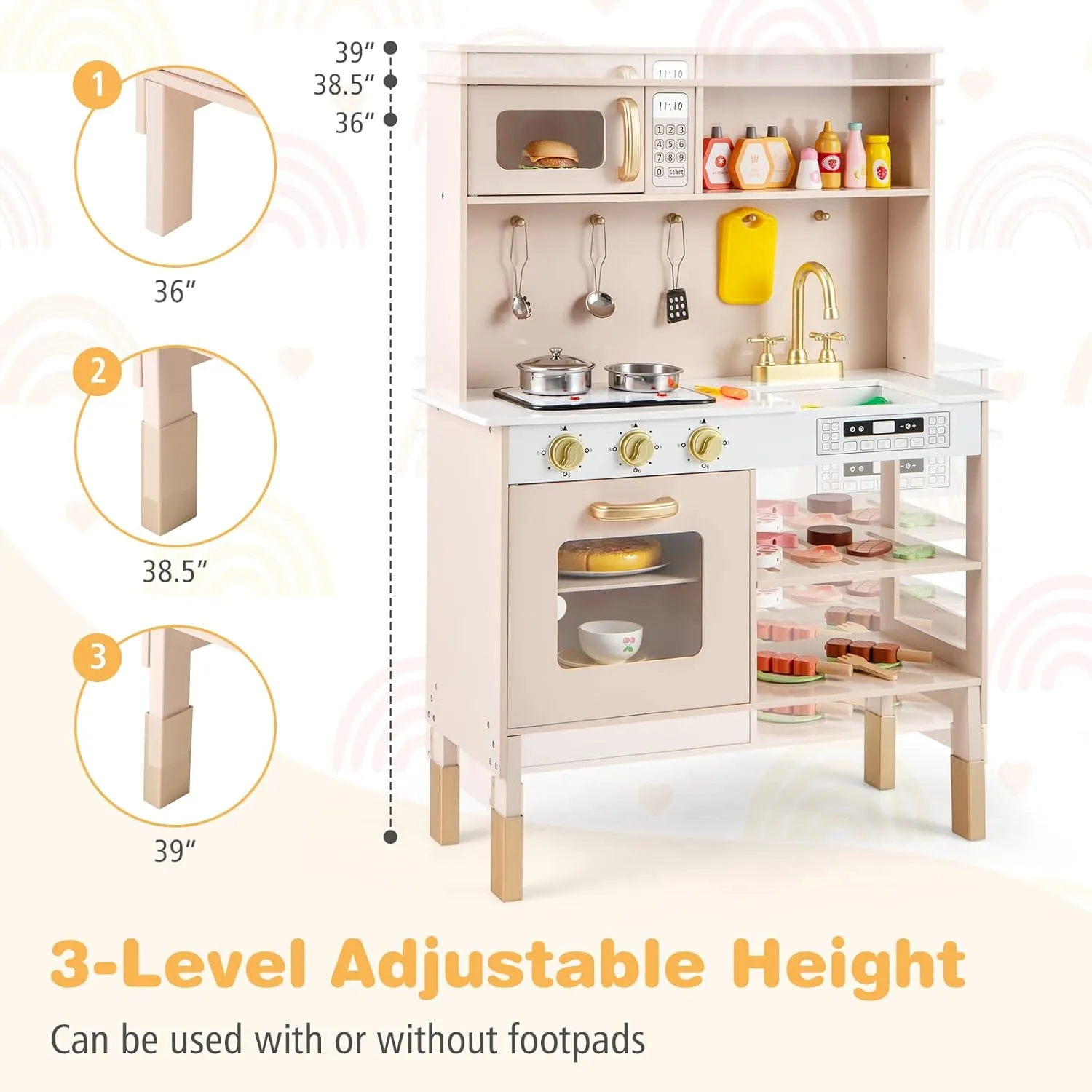 HONEY JOY Kids Kitchen Playset, Wooden Toy Kitchen Set, Microwave, Sink & Faucet, Cooking Accessories, Storage, Little Chef Pretend Play Kitchen for Toddlers, Gift for Boys Girls, Yellow