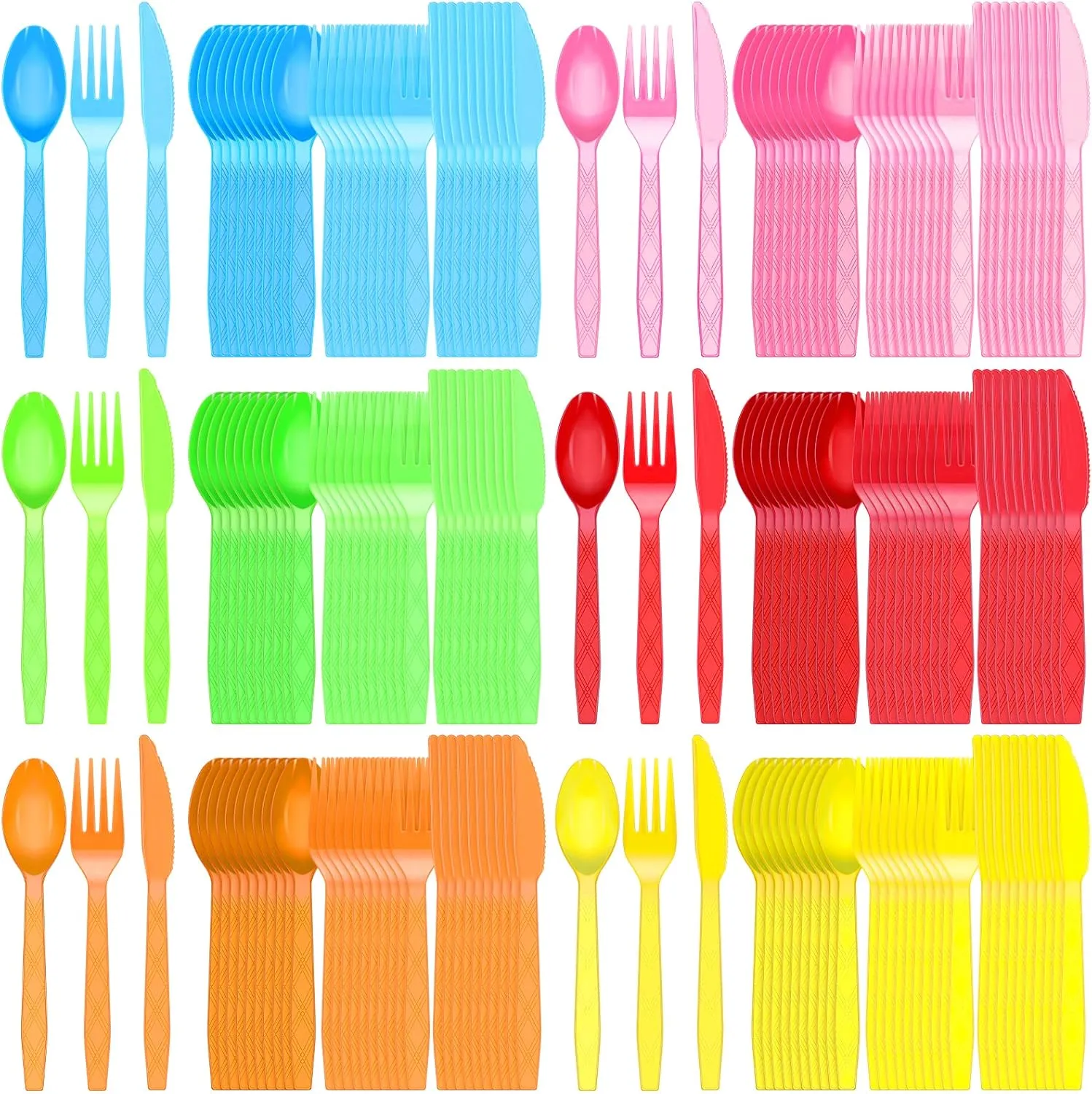 Hoolerry 180 Pcs Neon Party Plastic Cutlery Set Includes Forks Spoons Knives Disposable Neon Silverware Sets for Parties, 6 Colors