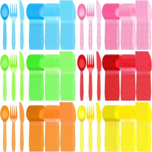Hoolerry 180 Pcs Neon Party Plastic Cutlery Set Includes Forks Spoons Knives Disposable Neon Silverware Sets for Parties, 6 Colors