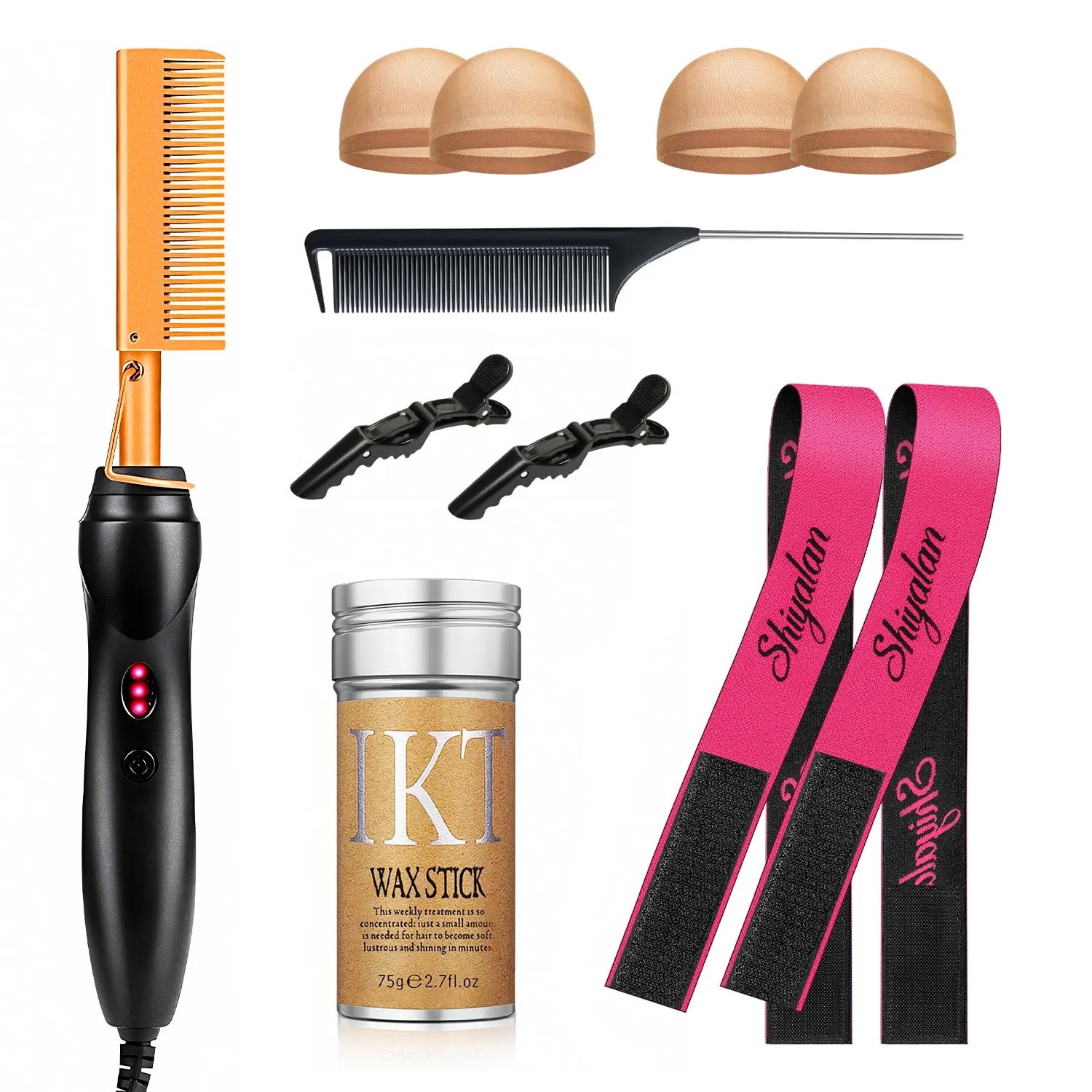 Hot Comb Set 11Pcs, Electric Hair Straightener Pressing Comb for Black Hair with Wig Wax Stick, Lace Band, Rat Tail Comb & Salon Clips
