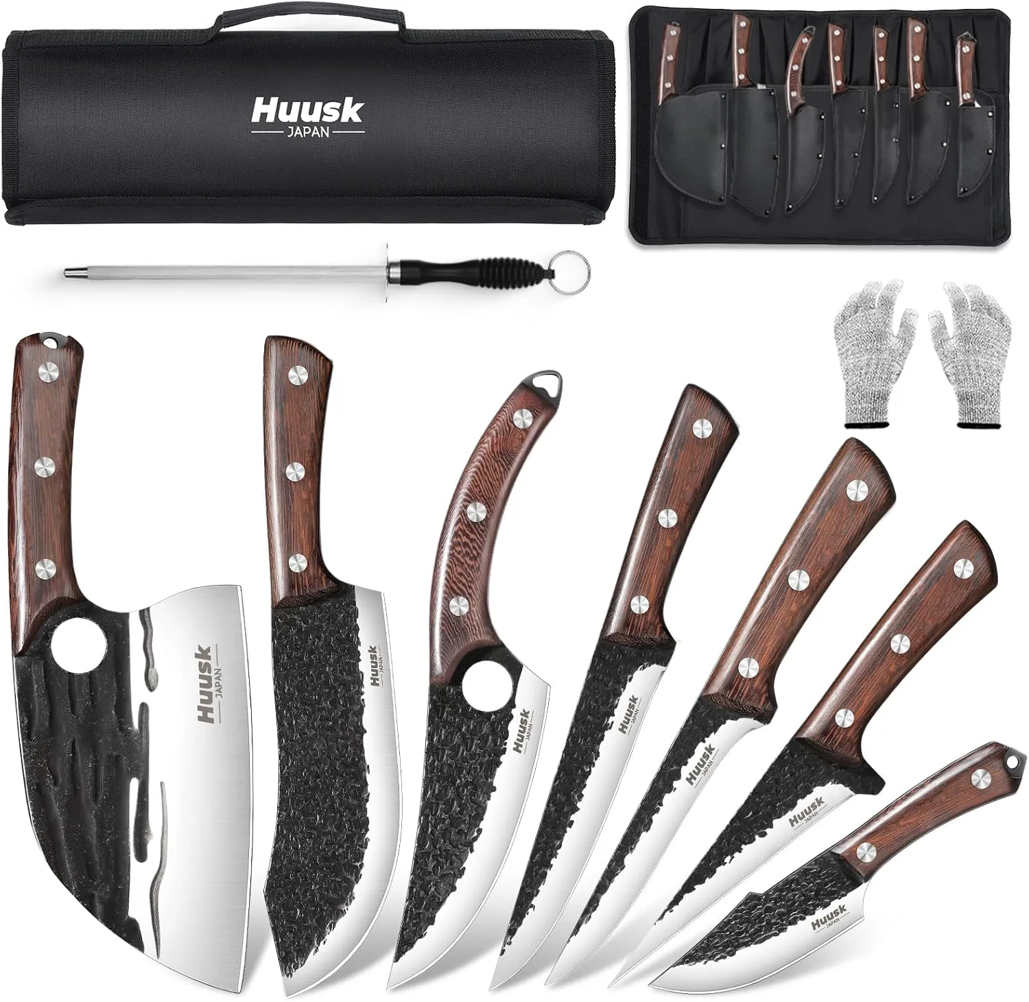 Huusk Butcher Knife Set for Meat Cutting 10pcs Viking Kitchen Knives Serbian Chef Knife with Roll Bag Brisket Knife Hand Forged Boning Knife Meat Cleaver for Men Gift BBQ Outdoor Camping