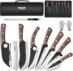 Huusk Butcher Knife Set for Meat Cutting 10pcs Viking Kitchen Knives Serbian Chef Knife with Roll Bag Brisket Knife Hand Forged Boning Knife Meat Cleaver for Men Gift BBQ Outdoor Camping