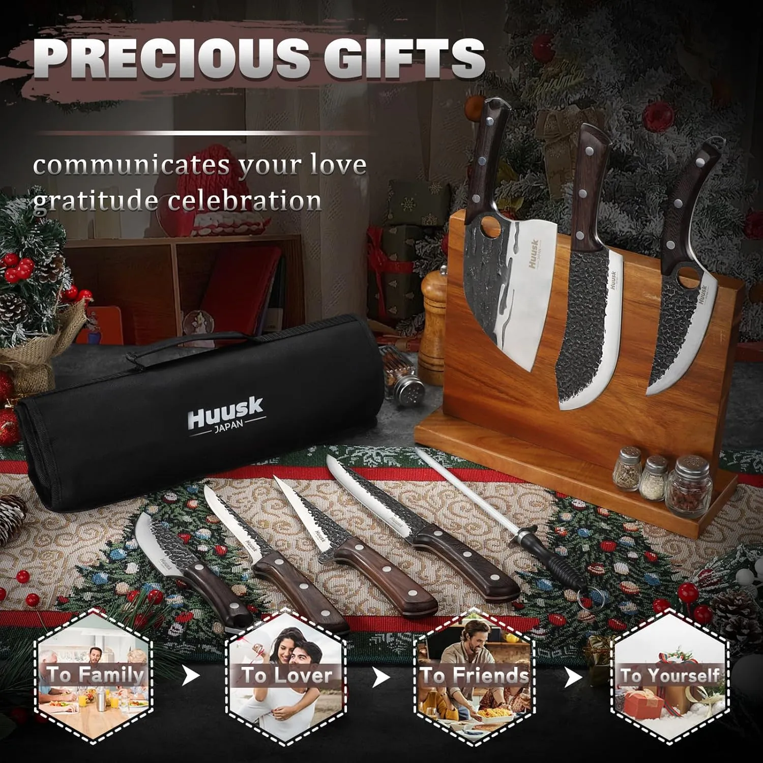 Huusk Butcher Knife Set for Meat Cutting 10pcs Viking Kitchen Knives Serbian Chef Knife with Roll Bag Brisket Knife Hand Forged Boning Knife Meat Cleaver for Men Gift BBQ Outdoor Camping