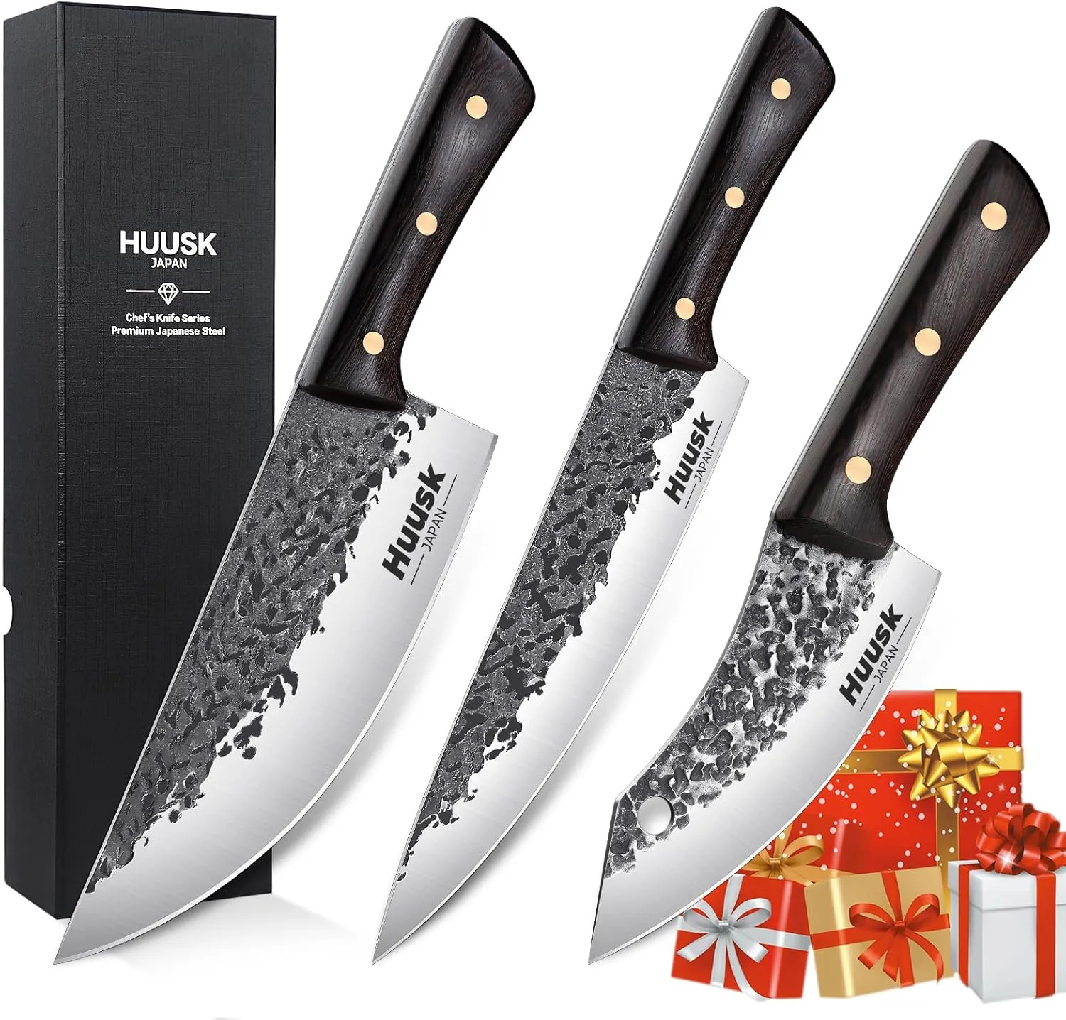 Huusk Hand Forged Chef Knife Set, High Carbon Steel Butcher Knife Set, Japanese Kitchen Knives Set for Home, Outdoor BBQ Camping Cooking, Gift Idea Men
