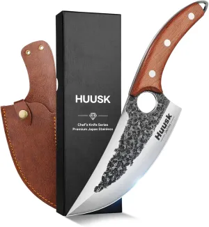 Huusk Knife Japan Kitchen Upgraded Viking Knives with Sheath Hand Forged Butcher Knife for Meat Cutting Japanese Cooking Chef Knives Sharp Meat Cleaver for Outdoor Camping, BBQ