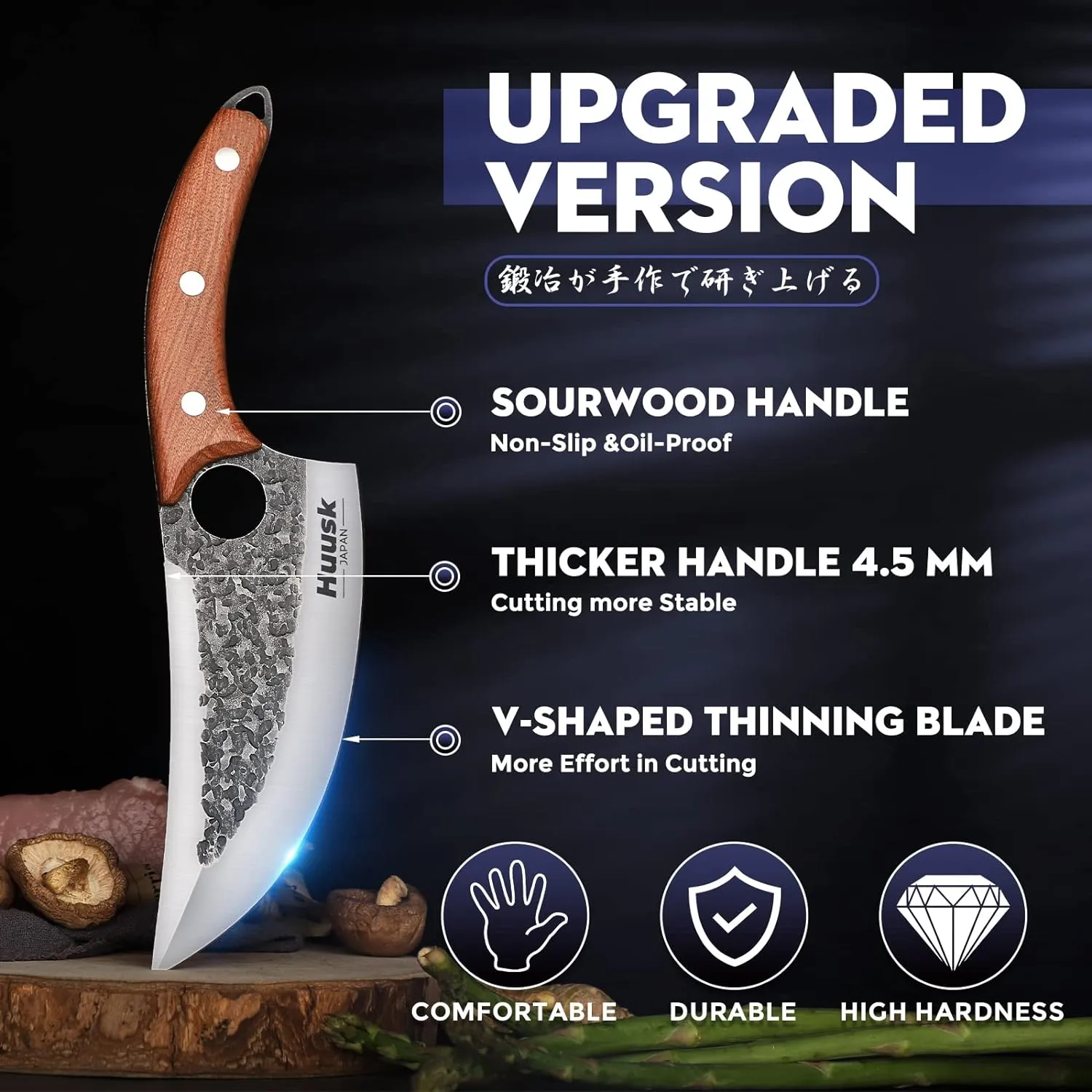 Huusk Knife Japan Kitchen Upgraded Viking Knives with Sheath Hand Forged Butcher Knife for Meat Cutting Japanese Cooking Chef Knives Sharp Meat Cleaver for Outdoor Camping, BBQ