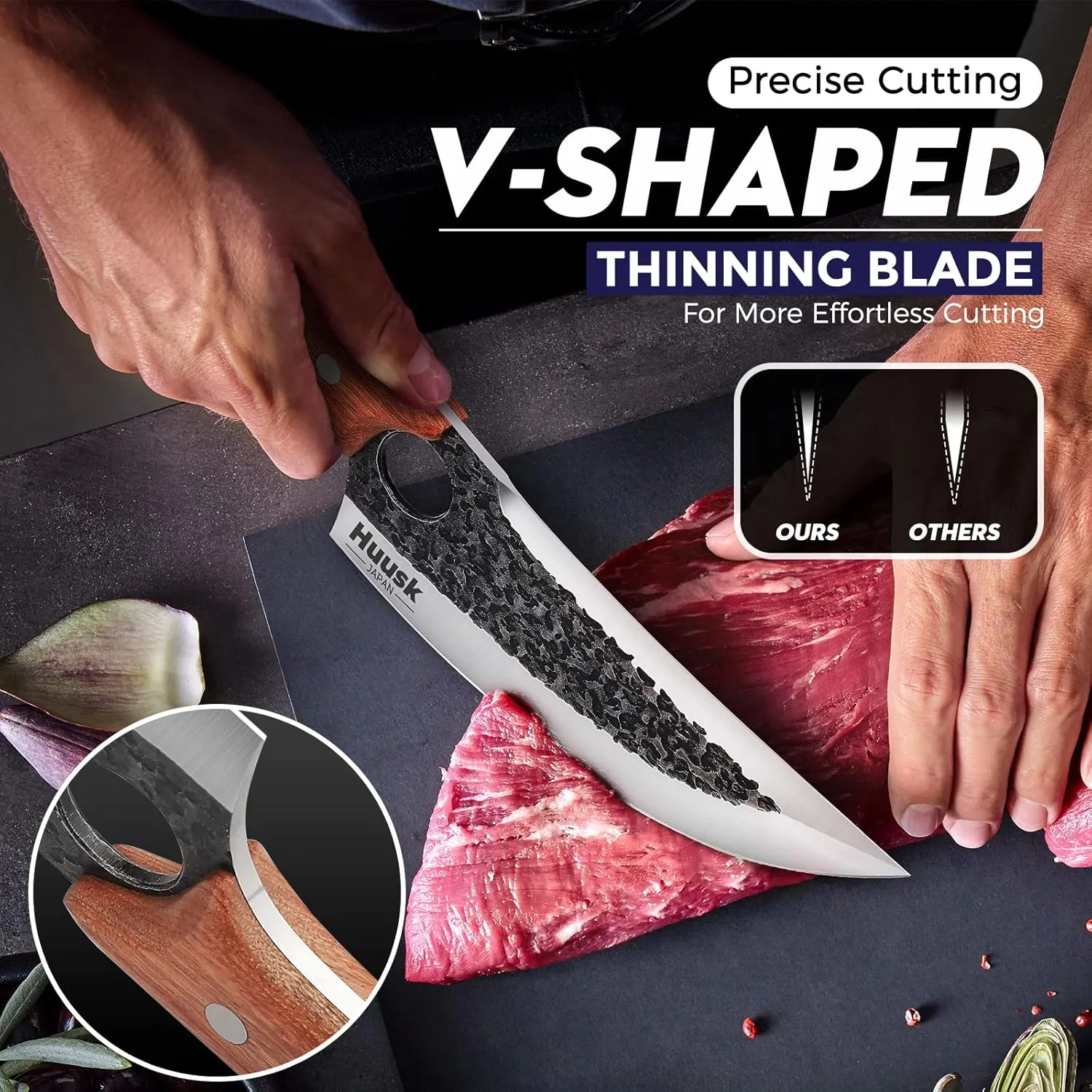 Huusk Knife Japan Kitchen Upgraded Viking Knives with Sheath Hand Forged Butcher Knife for Meat Cutting Japanese Cooking Chef Knives Sharp Meat Cleaver for Outdoor Camping, BBQ