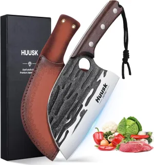 Huusk Upgraded Serbian Chef Knife-Japanese Meat Cleaver Knife for Meat Cutting Forged Butcher Knives with Sheath Full Tang Kitchen Chopping Knives for Home, Outdoor Cooking, Camping