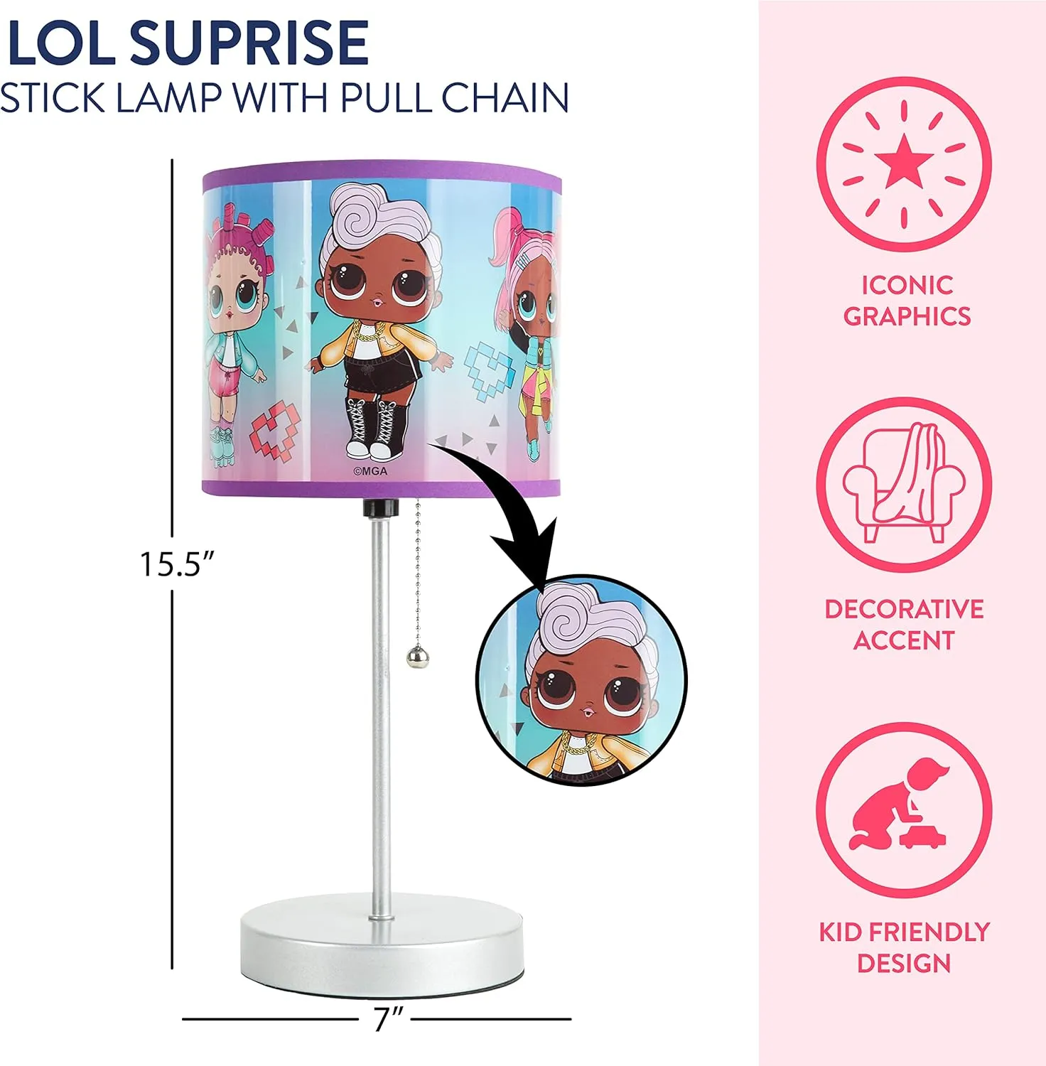 Idea Nuova LOL Surprise Stick Table Kids Lamp with Pull Chain, Themed Printed Decorative Shade