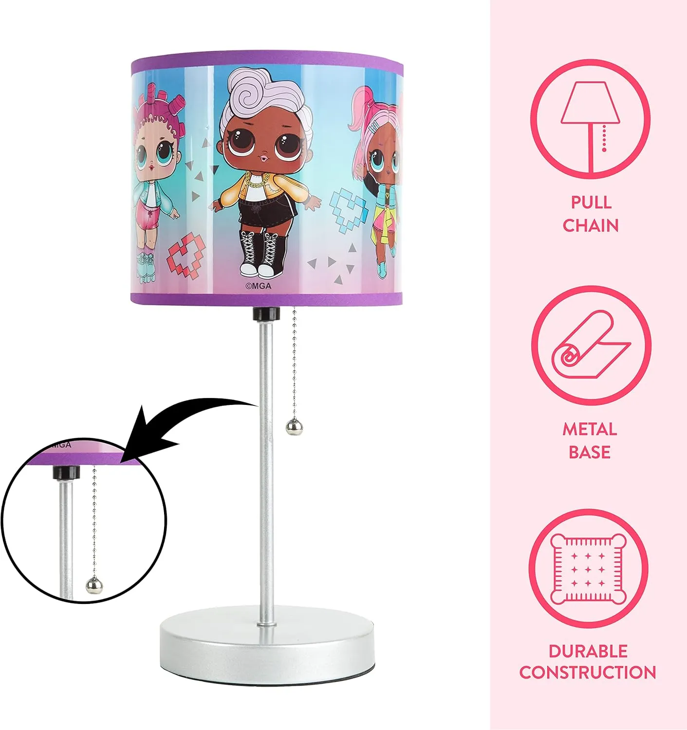 Idea Nuova LOL Surprise Stick Table Kids Lamp with Pull Chain, Themed Printed Decorative Shade