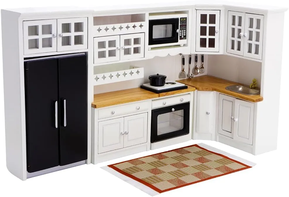 iLAND Miniature Dollhouse Furniture on 1:12 Scale, Modern Dollhouse Kitchen with Dollhouse Accessories Set