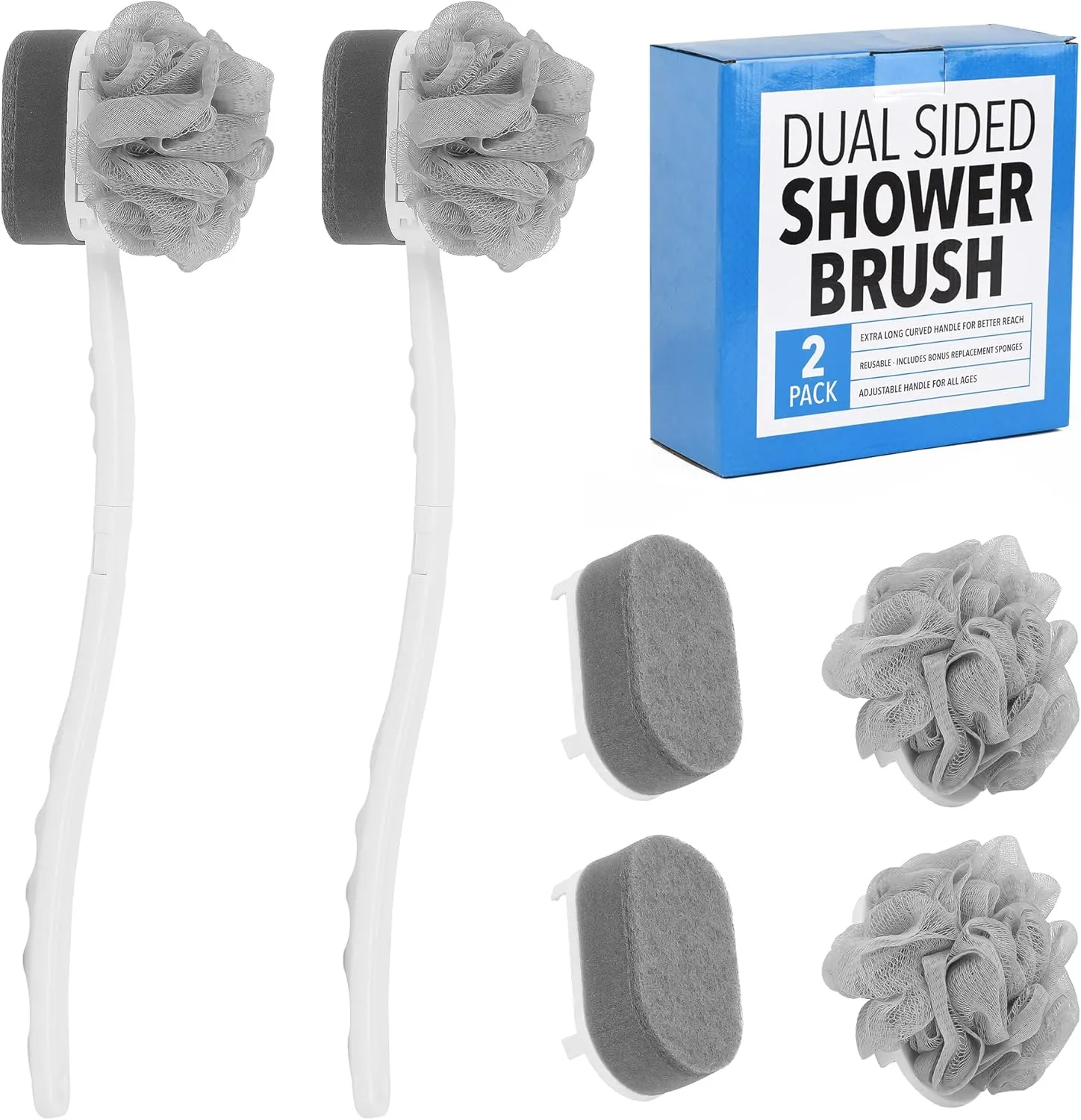 Impresa [2 Pack] Extra Long Handled Scrub Brush for Shower with Loofah & Exfoliating Sponge for a Radiant Glow - Body Scrubber Plus 2 Loofahs & 2 Buff Sponges - Long Handled Sponge & Loofah Stick