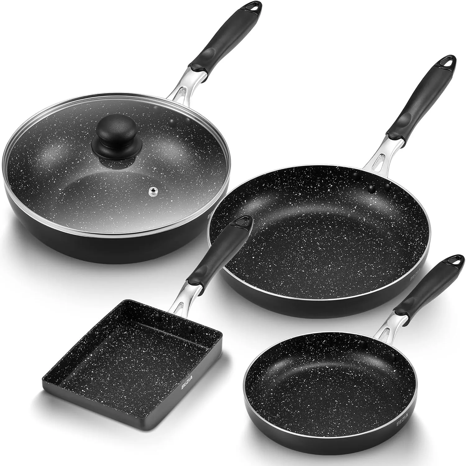 Induction Pots and Pans 5 Piece, Stay-Cool Handle Nonstick Pots and Pans Set, Dishwasher Safe Kitchen Cooking Pan, Non Stick Pans for induction Cooktop, Suitable for All Stovetops, Black