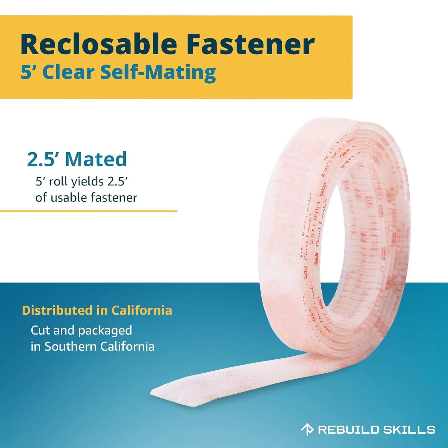 Industrial Strength 1" x 5ft Clear Scotch Self Mating Reclosable Fasteners, Stick-On Adhesive, No Tools Needed, Home Decor, Classroom, Office, Cars, Indoor-Outdoor Waterproof Compatible with SJ3560