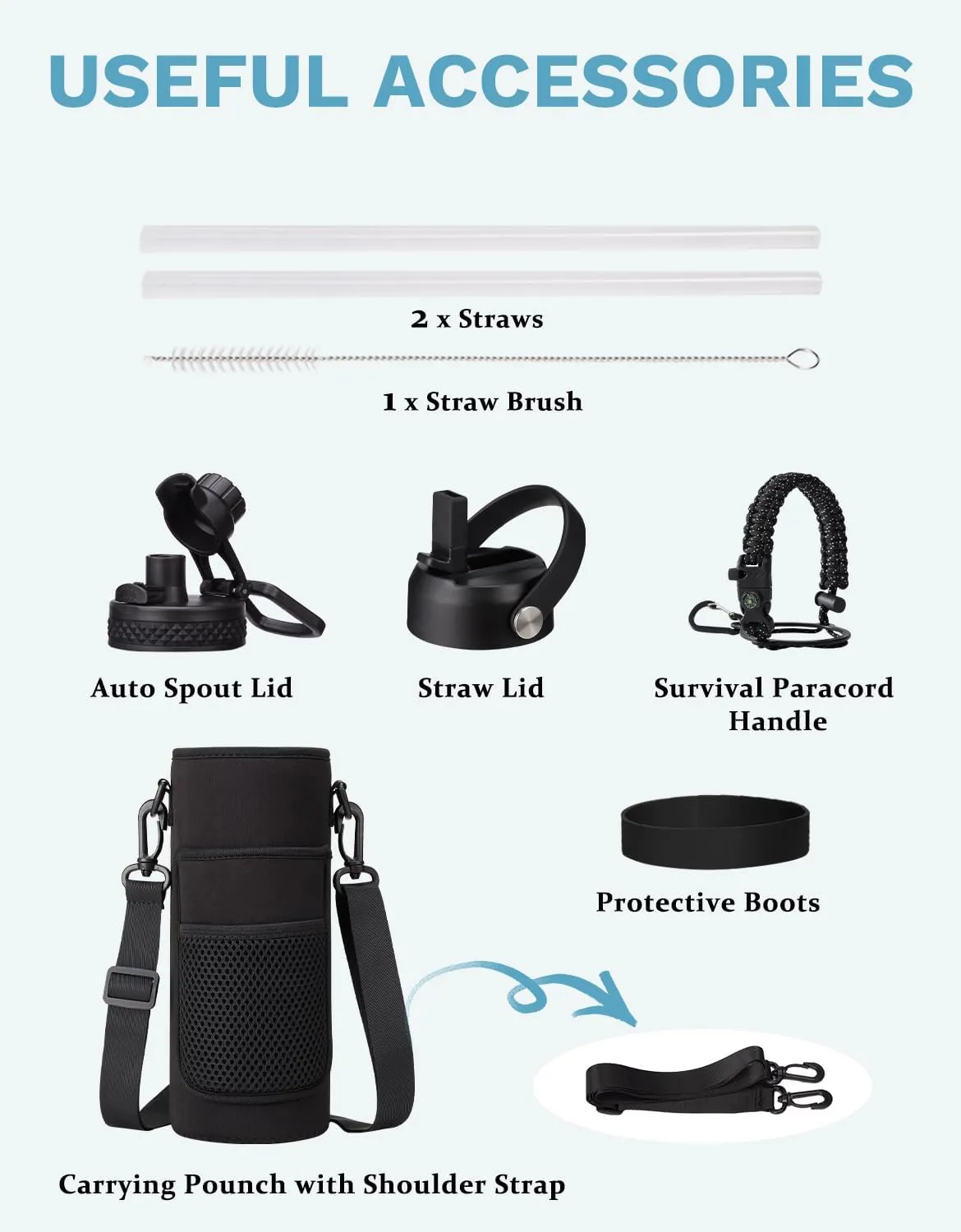 Insulated Water Bottle 40 oz - Keep Cold 48H & Hot-24H, Metal Water Bottle with Straw & Auto Spout Lid,Paracord Handle,Bottles Carrier Bag, Leak Proof Thermal Flask for Hiking Cycling Sport