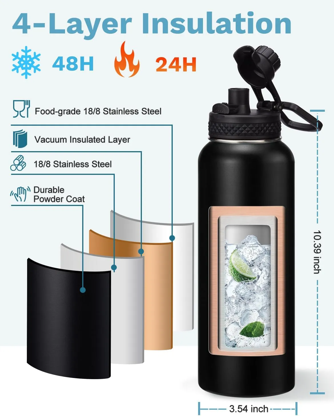 Insulated Water Bottle 40 oz - Keep Cold 48H & Hot-24H, Metal Water Bottle with Straw & Auto Spout Lid,Paracord Handle,Bottles Carrier Bag, Leak Proof Thermal Flask for Hiking Cycling Sport
