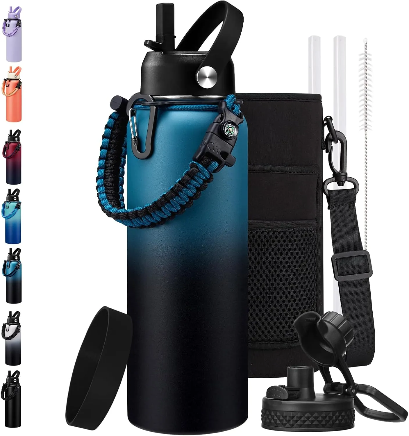 Insulated Water Bottle 40 oz - Keep Cold 48H & Hot-24H, Metal Water Bottle with Straw & Auto Spout Lid,Paracord Handle,Bottles Carrier Bag, Leak Proof Thermal Flask for Hiking Cycling Sport