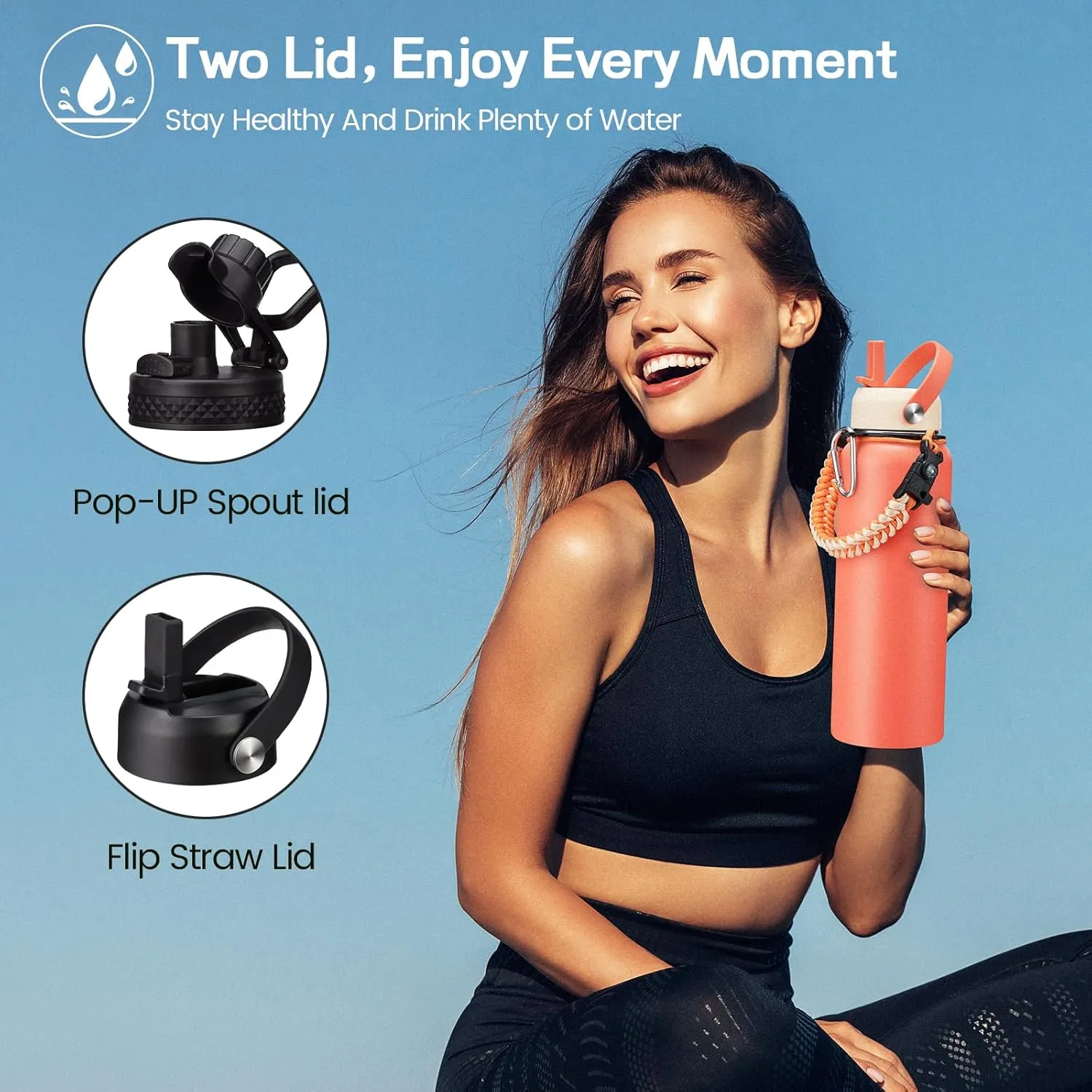 Insulated Water Bottle 40oz - with Straw & Auto Spout Lid, Paracord Handle, Shoulder Carrier Bag,40 oz Water Jug Great for Sport Travel Gym Hiking Biking
