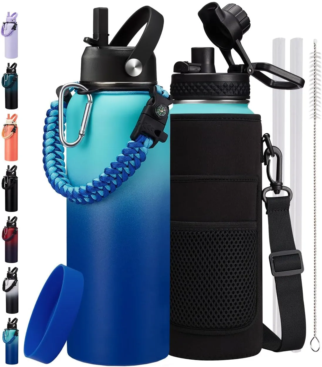 Insulated Water Bottle 40oz - with Straw & Auto Spout Lid, Paracord Handle, Shoulder Carrier Bag,40 oz Water Jug Great for Sport Travel Gym Hiking Biking